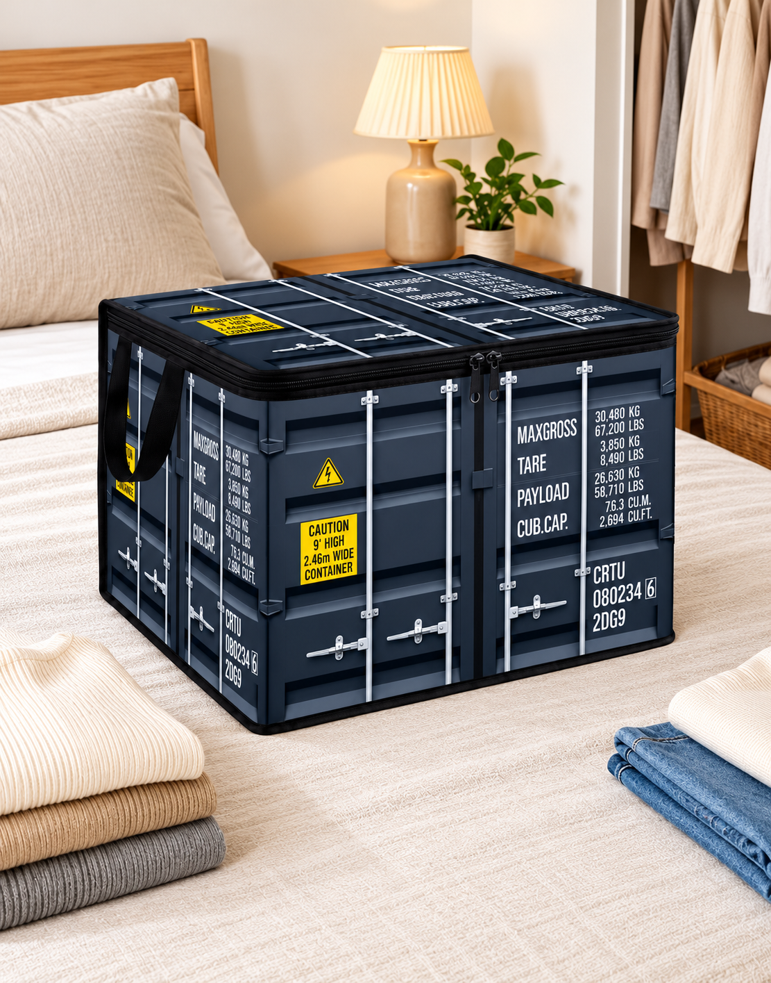 Zip-up cargo container organizer bin placed on a bedroom bed beside neatly folded knit sweaters and denim jeans for closet wardrobe storage.