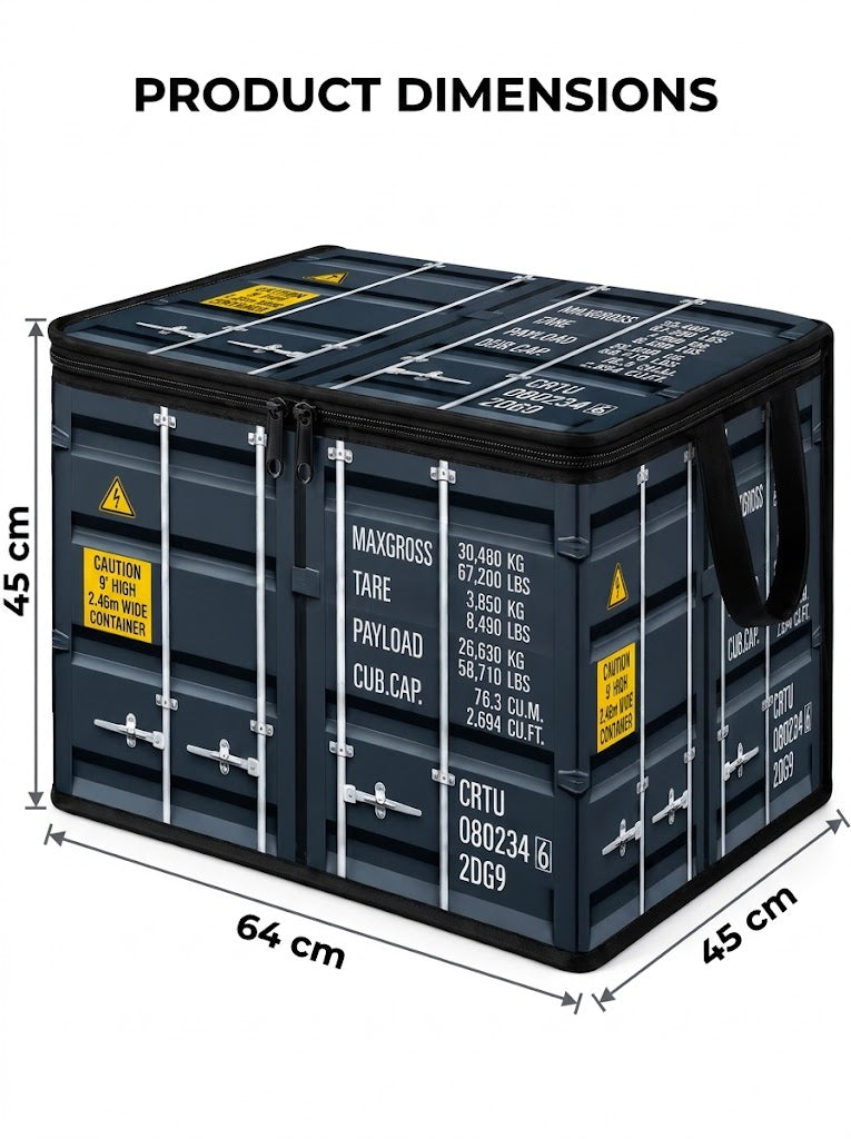 Product dimension infographic of the blue shipping container foldable storage box measuring 64 cm length, 45 cm width, and 45 cm height for home organization in Lebanon.