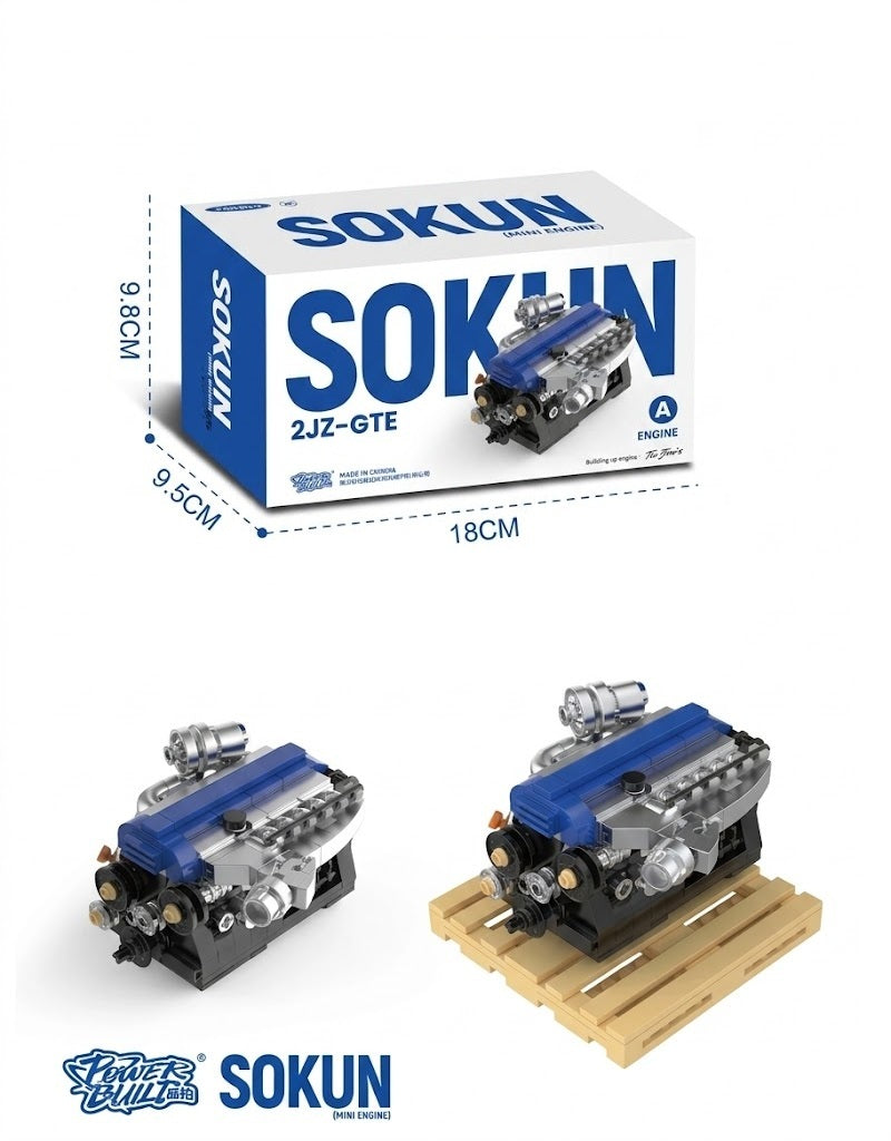SOKUN 2JZ-GTE mini engine building kit retail box packaging and product dimensions
