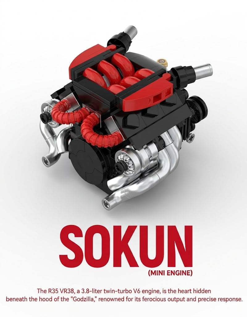 Sokun mini engine building block set featuring the Nissan R35 GT-R VR38 twin-turbo V6 engine design.