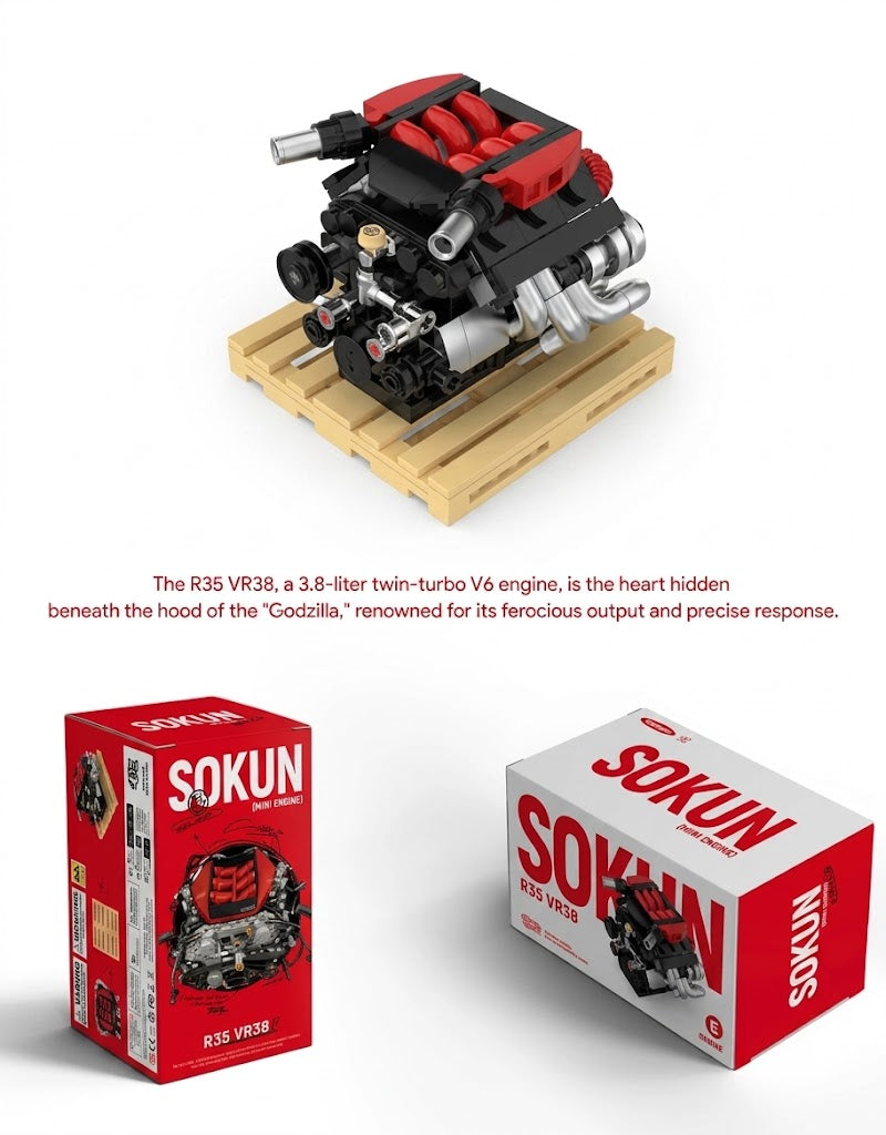 Sokun R35 VR38 mini engine model resting on miniature wooden pallet stand alongside retail packaging boxes.