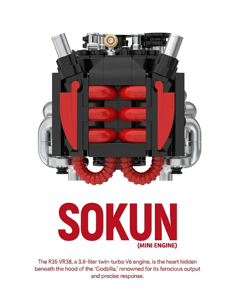Top-down view of the assembled Sokun R35 VR38 mini block engine showing red intake manifold runners and piping.