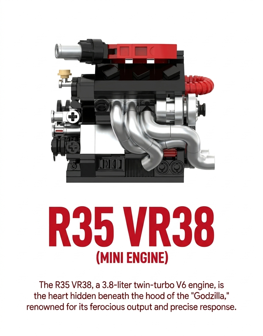 Side view of Sokun R35 VR38 building brick engine highlighting chrome exhaust manifolds and turbocharger detail.