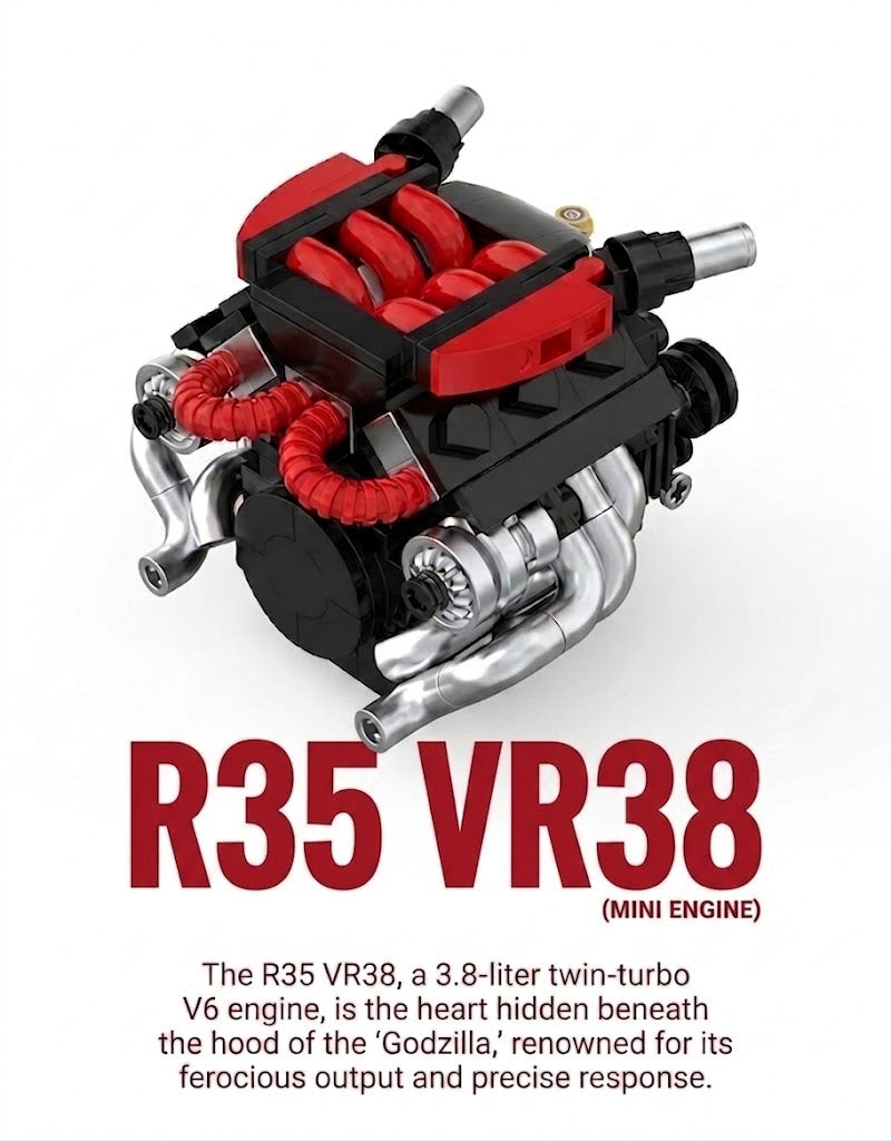 Sokun R35 VR38 3.8-liter twin turbo V6 mini engine building block model kit display for car enthusiasts.