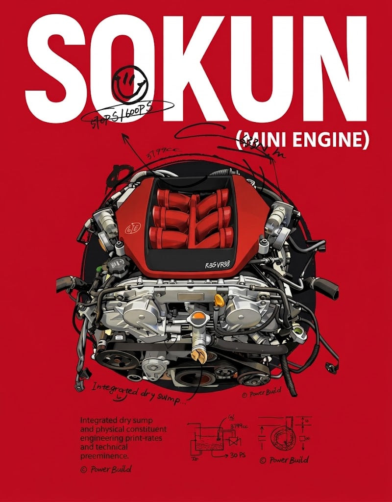 Technical illustration poster of the R35 VR38 twin-turbo V6 engine showing dry sump and intake manifold specs.