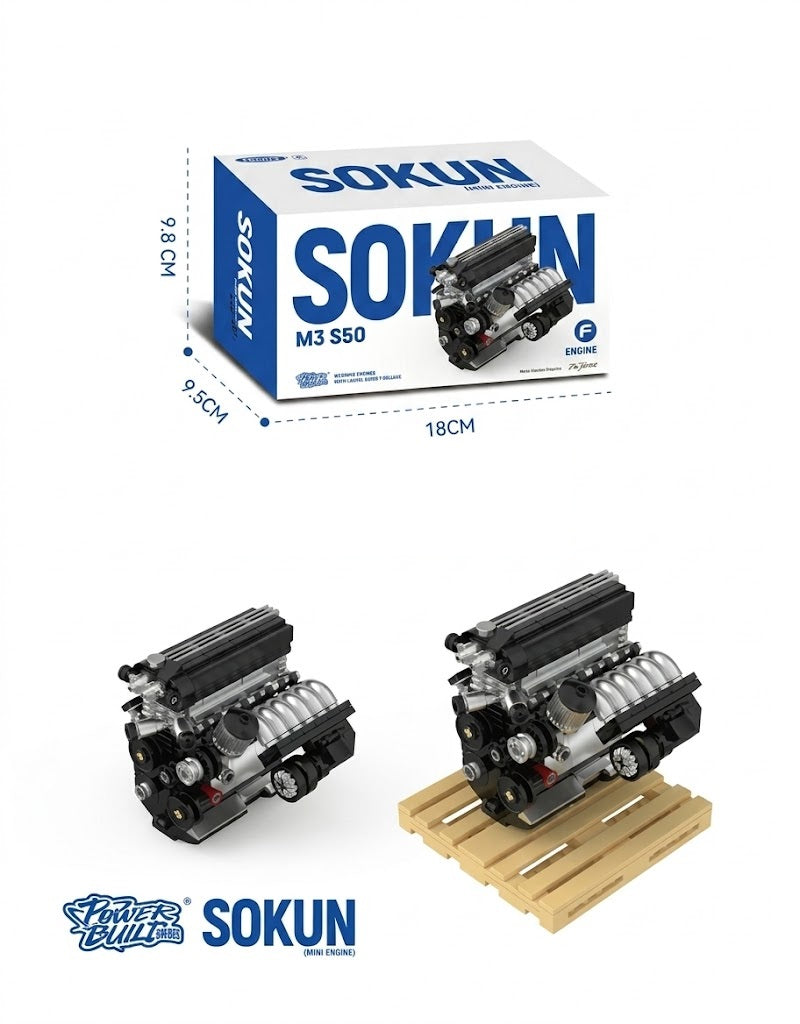 Sokun S50 M3 mini engine building set packaging box showing dimensions 18cm by 9.5cm by 9.8cm.