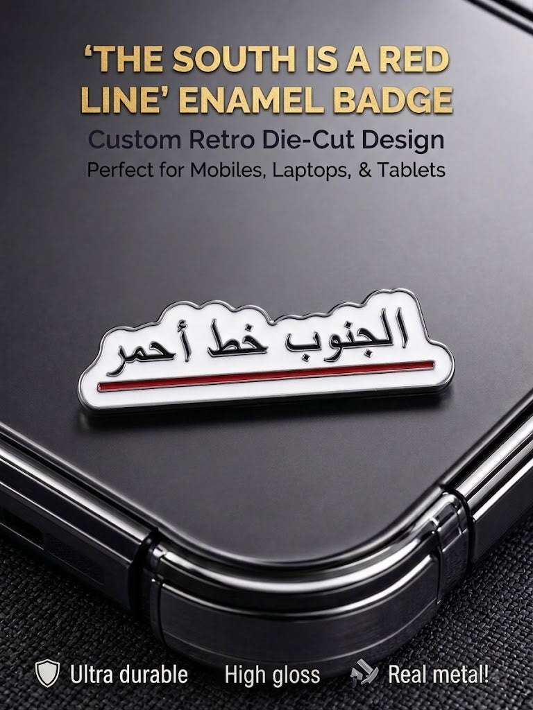 High-gloss metal enamel badge sticker reading "The South is a Red Line" in Arabic calligraphy with a red accent bar, attached to a matte phone case.