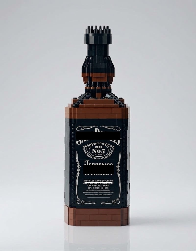 Square vintage collector bottle building block model kit featuring a black label with filigree detailing and amber brown accents on a white background.
