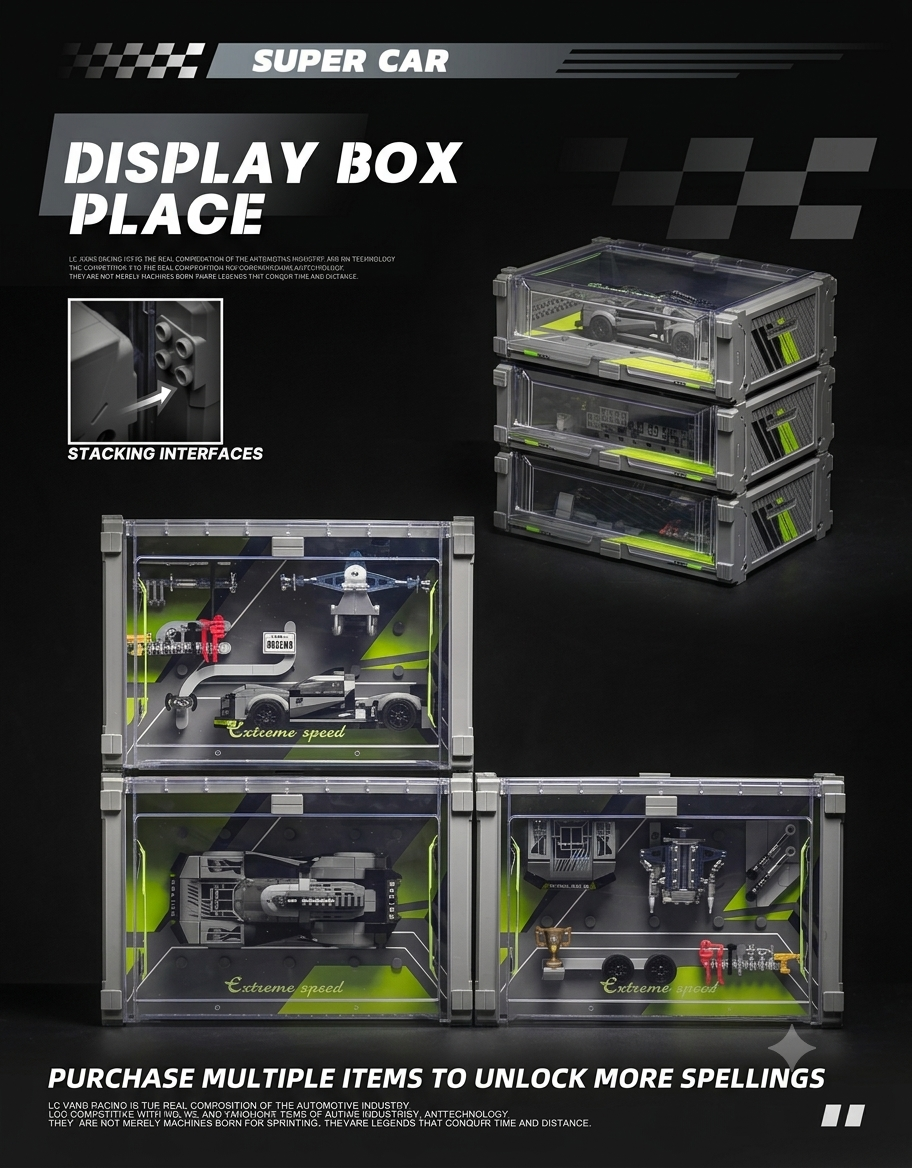Modular stackable acrylic display cases showing interlocking interfaces and multi-angle car showcase layouts.