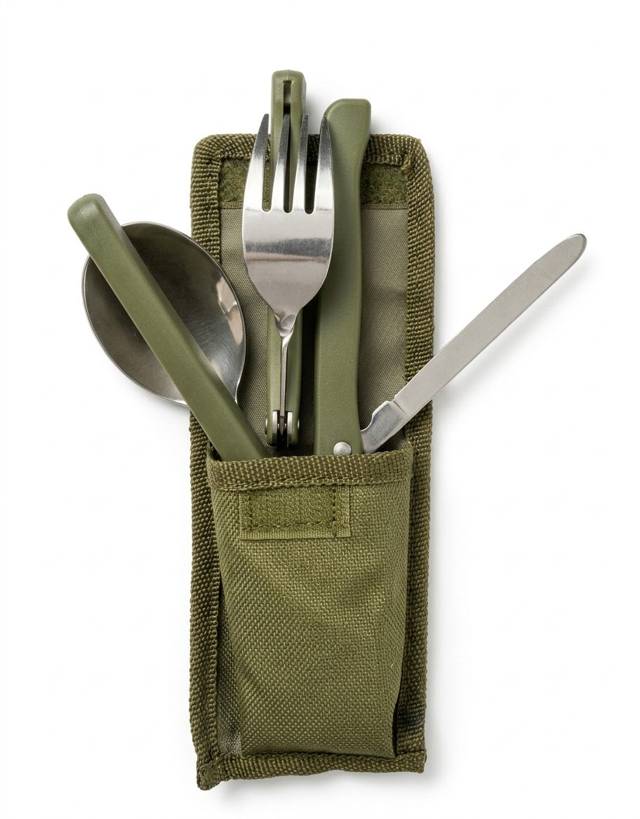 Portable stainless steel fork, knife, and spoon set tucked into olive green tactical nylon pouch.