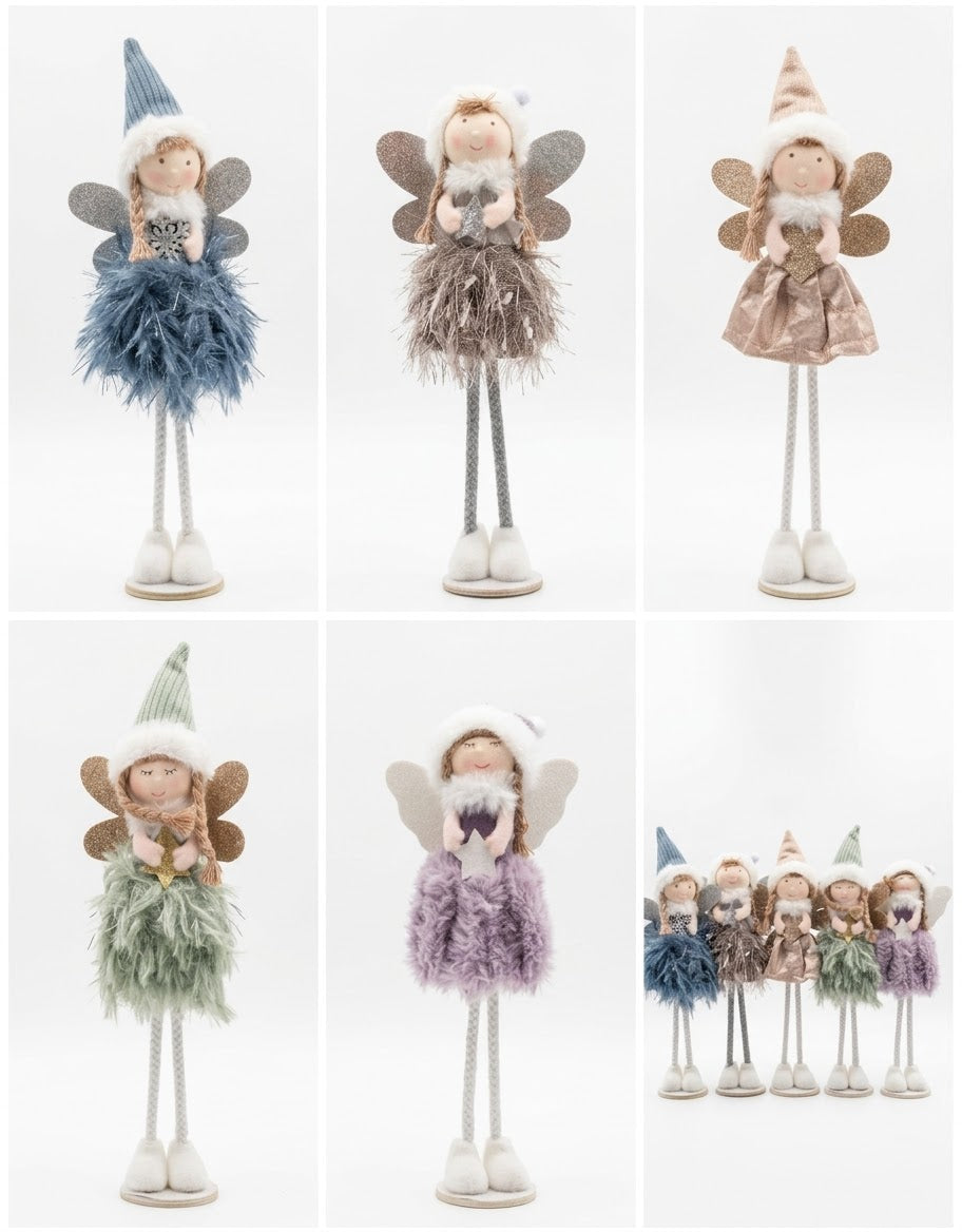 Product collage showing five individual standing Christmas angel fairy dolls in pastel blue, silver, rose, sage green, and lilac.