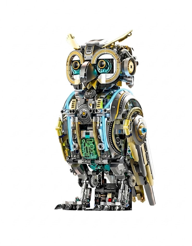 Intricate semi-mechanical steampunk owl building block model kit with visible gears, metallic accents, and kinetic mechanical details.