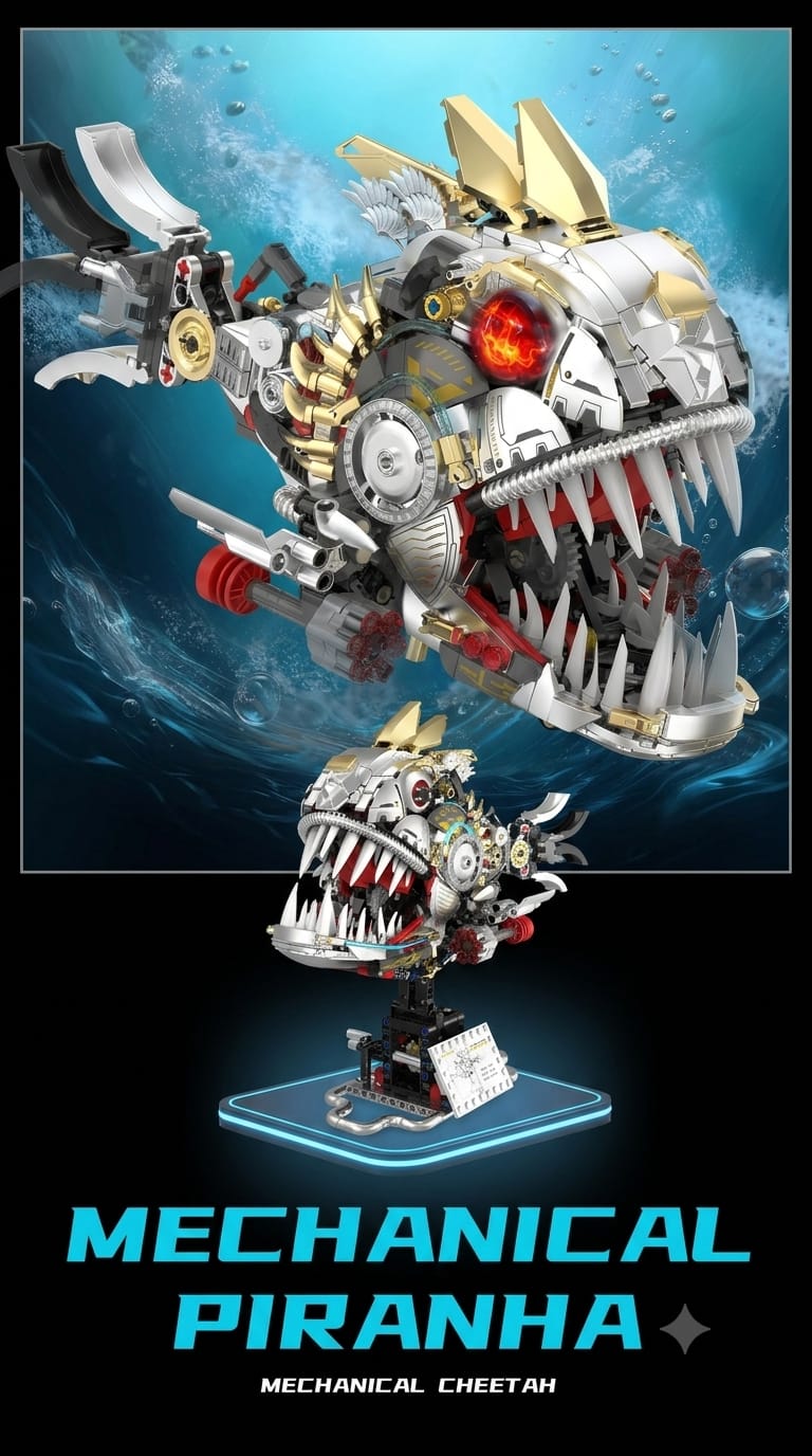 Glowing mechanical piranha fish building block set with illuminated red eyes and display pedestal.