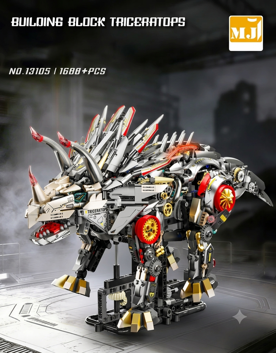 1688-piece mechanical steampunk Triceratops dinosaur building block set (Model 13105) featuring intricate mechanical gears and display stand