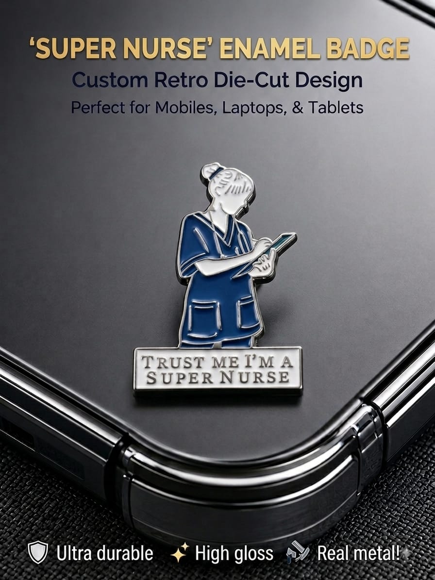 Die-cut metal enamel badge sticker featuring a nurse in blue scrubs with text Trust Me I'm A Super Nurse attached to a phone case