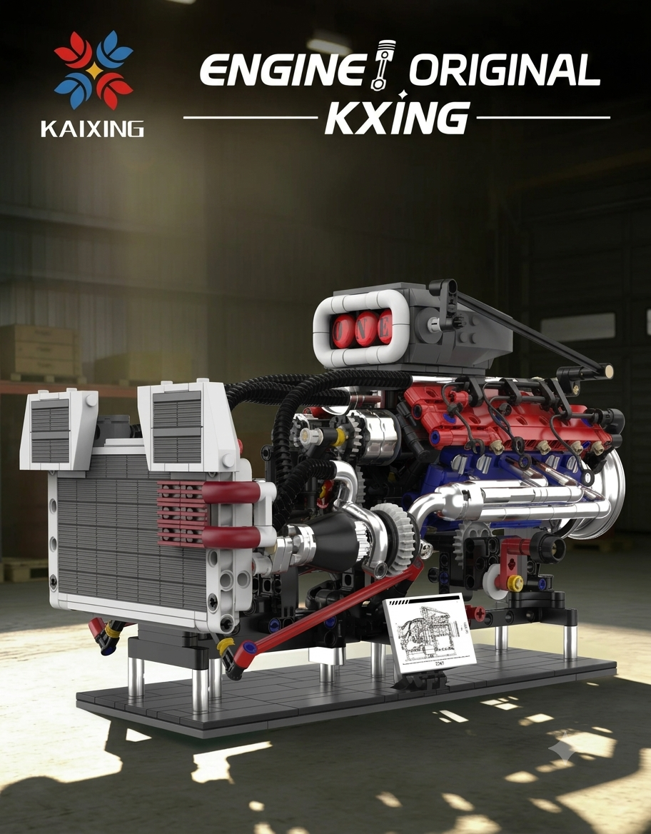 Close-up view of the supercharged engine building toy highlighting chrome exhaust headers and red supercharger scoop