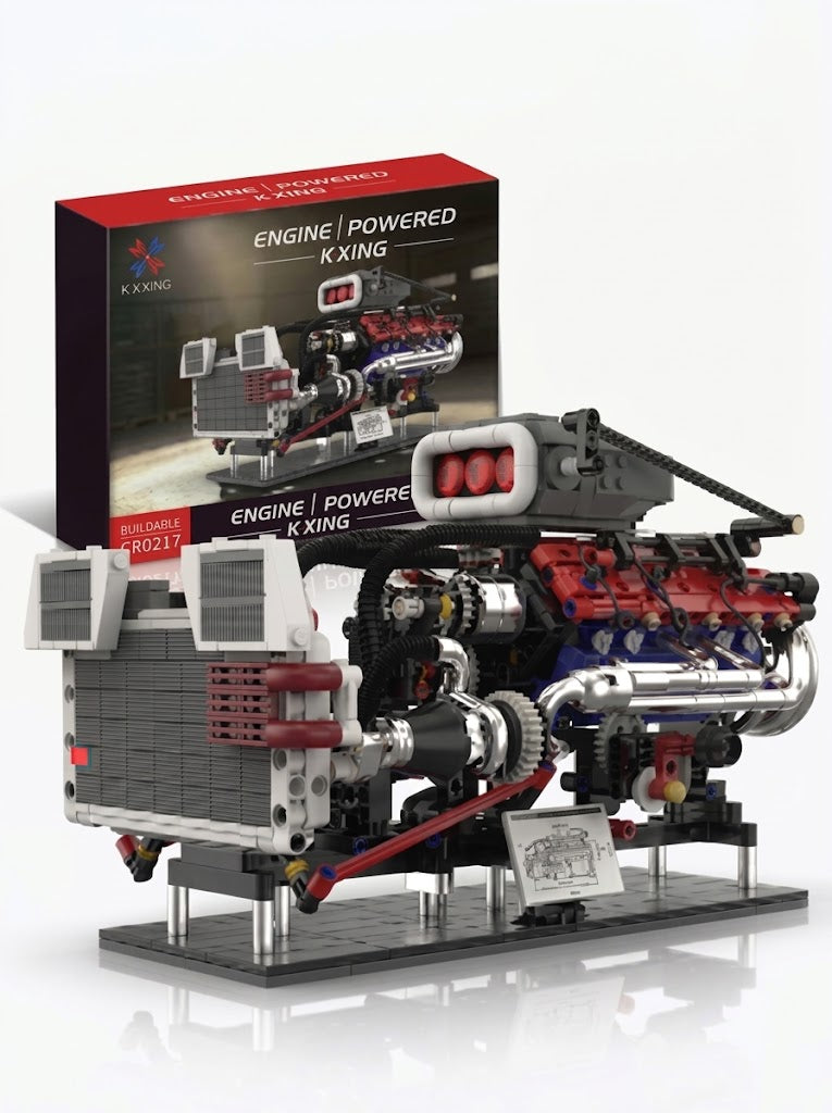 DIY supercharged V8 engine building block model on display stand next to packaging box