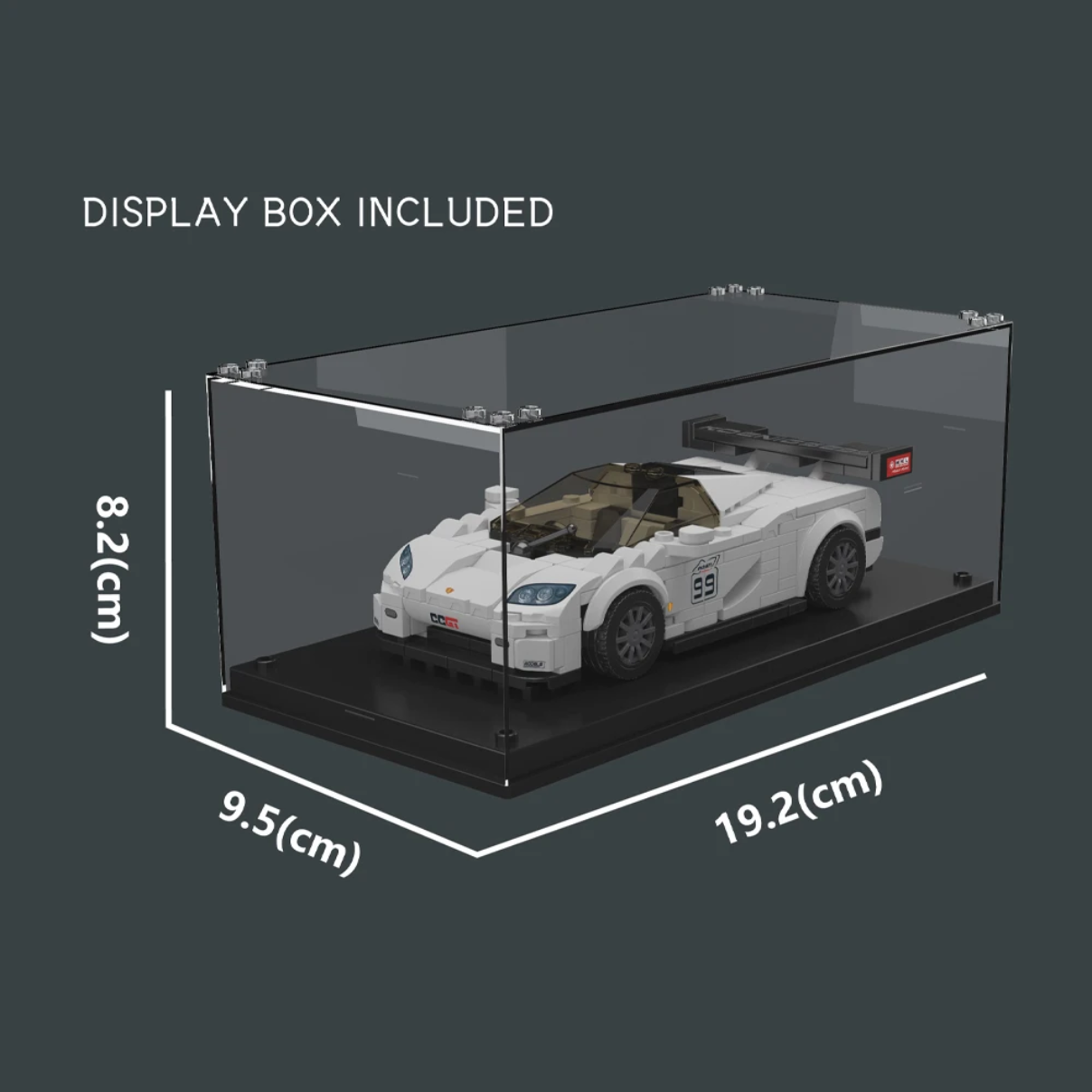 Clear acrylic dustproof display case measuring 19.2 x 9.5 x 8.2 cm with Swedish V8 GT race car model inside