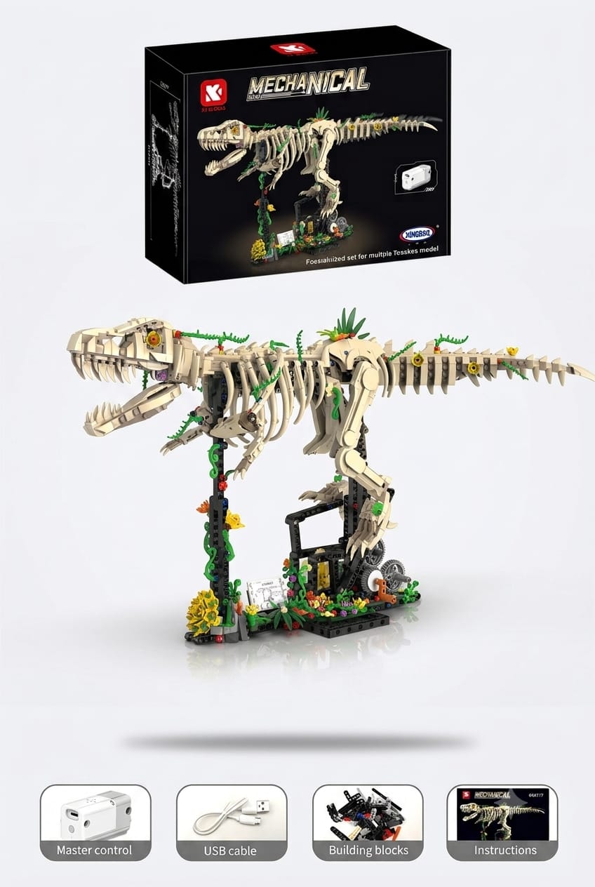 Mechanical T-Rex dinosaur skeleton building set box packaging with included motor, USB cable, bricks, and instruction booklet.