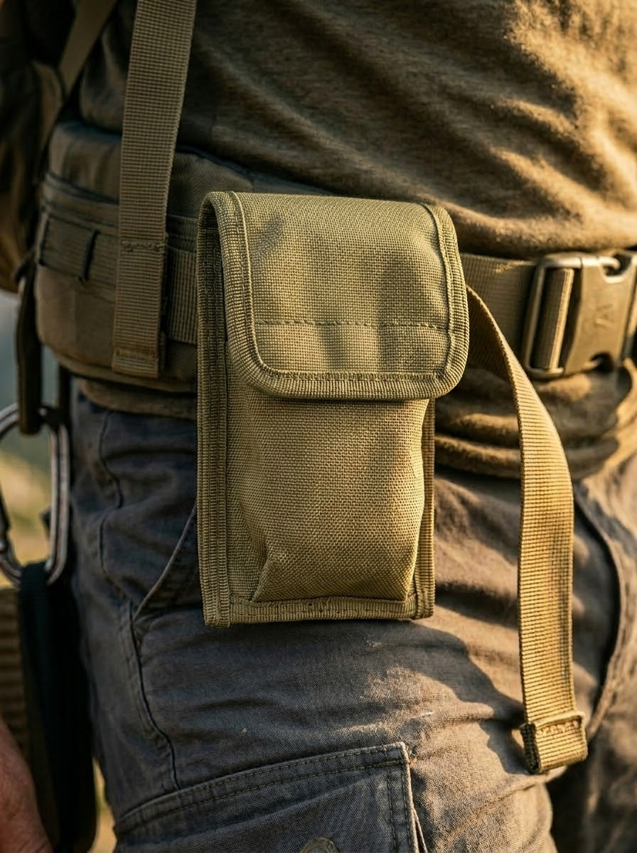 Close-up of durable olive green tactical cutlery pouch secured to a waist belt during outdoor hiking.