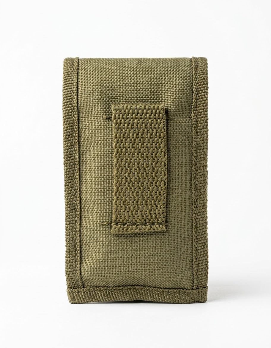 Back view of olive green tactical pouch showing heavy-duty belt loop attachment for outdoor tactical gear in Lebanon.