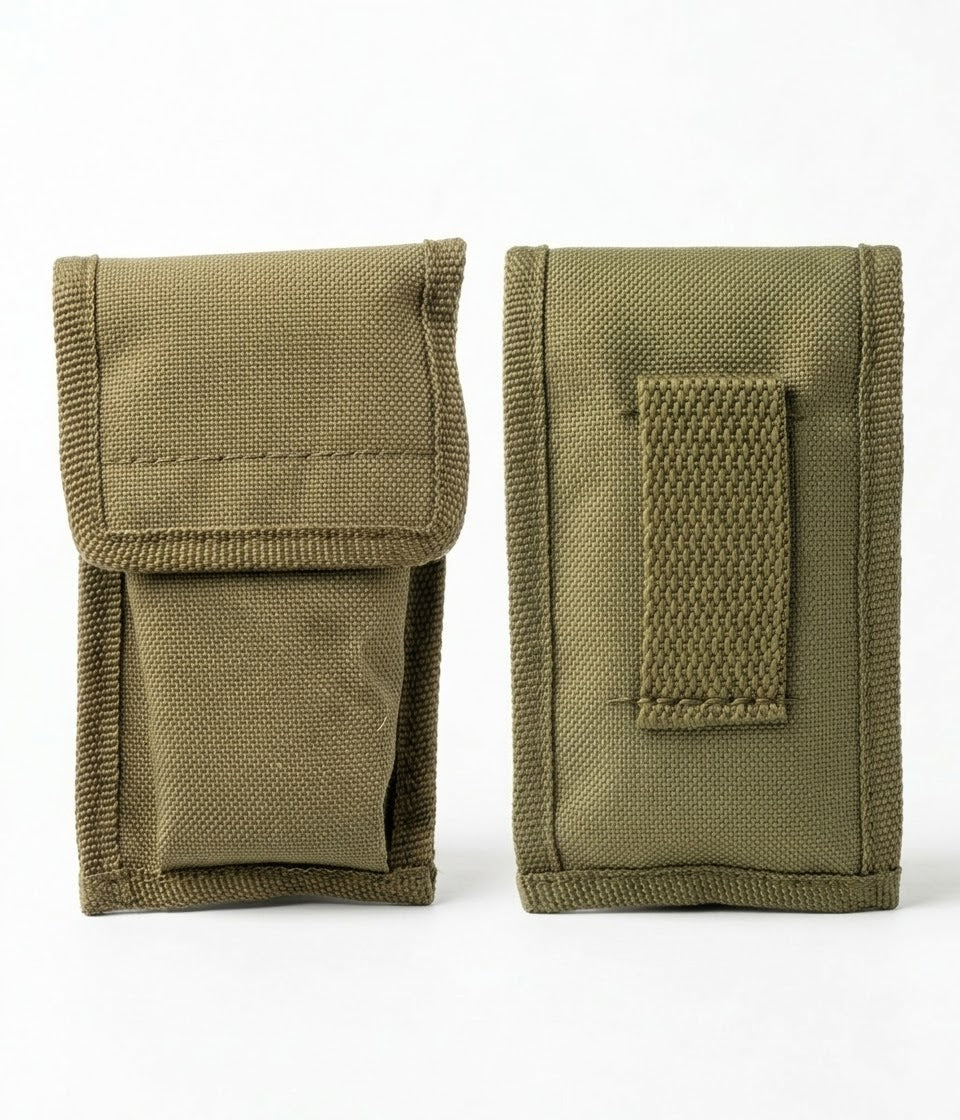 Front and back view of olive green nylon tactical cutlery pouch highlighting closure flap and belt loop strap.