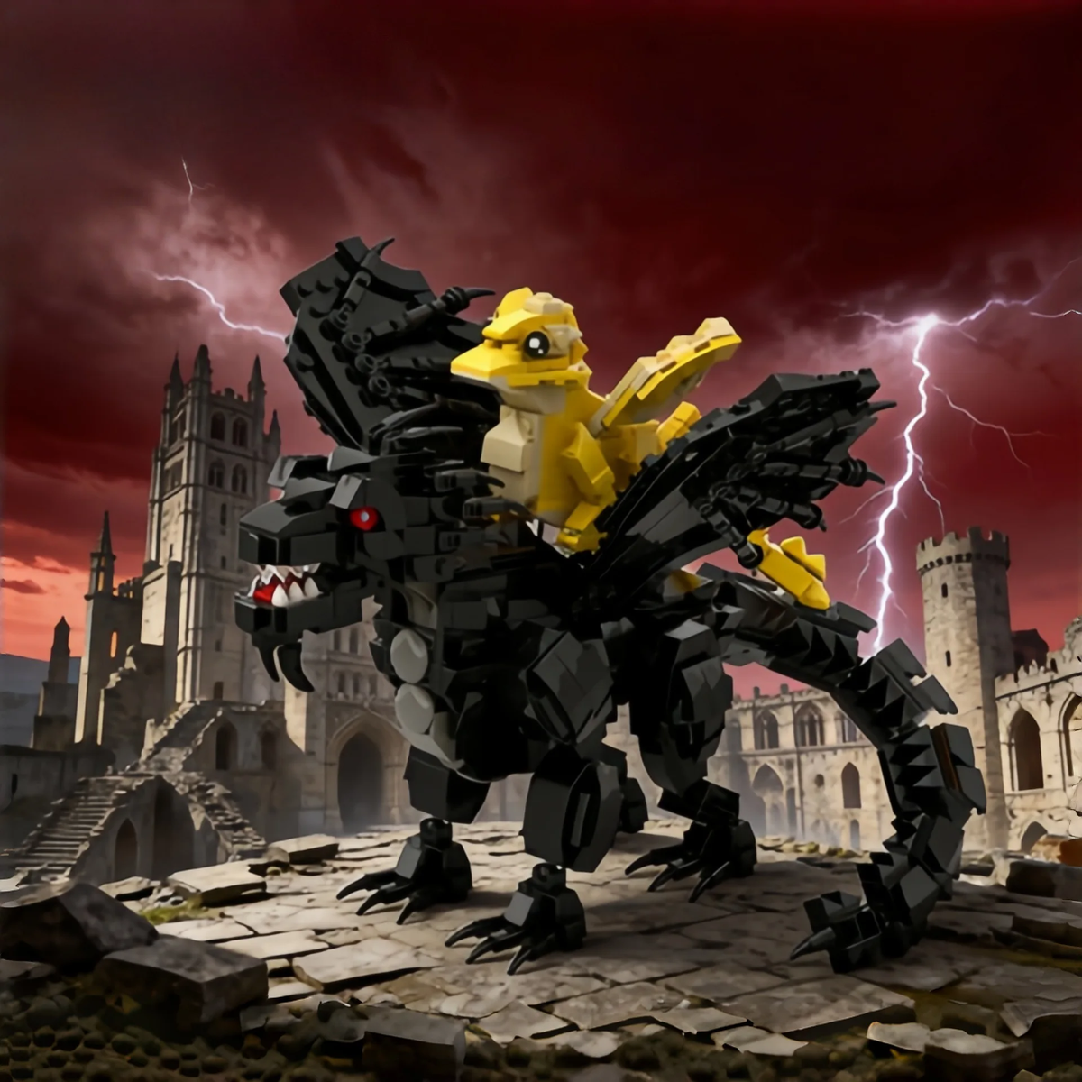 Assembled Fourth Wing Tairn black dragon brick figure with mini golden dragon standing on stone ruins during a lightning storm.