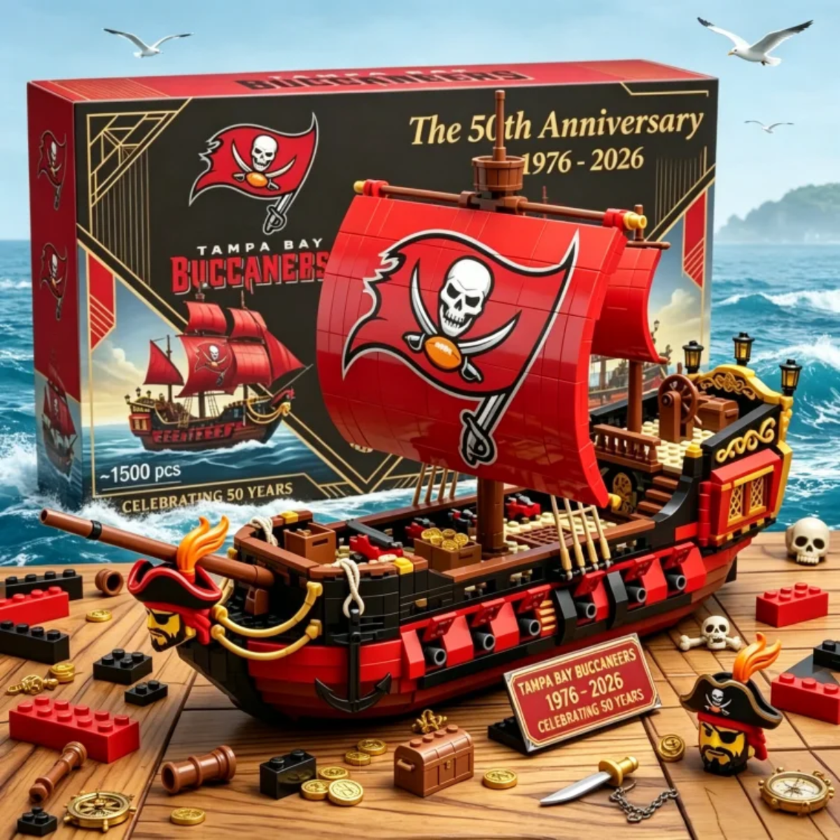 Collector edition Tampa Bay Buccaneers pirate ship brick model with packaging box against an ocean backdrop.