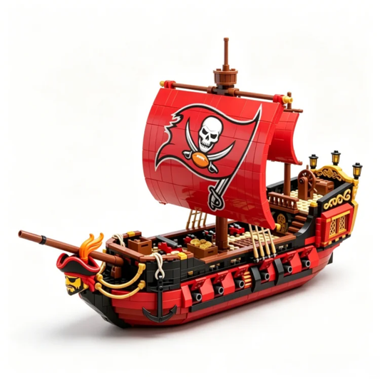 Tampa Bay Buccaneers 50th anniversary pirate ship building block set isolated on white background.