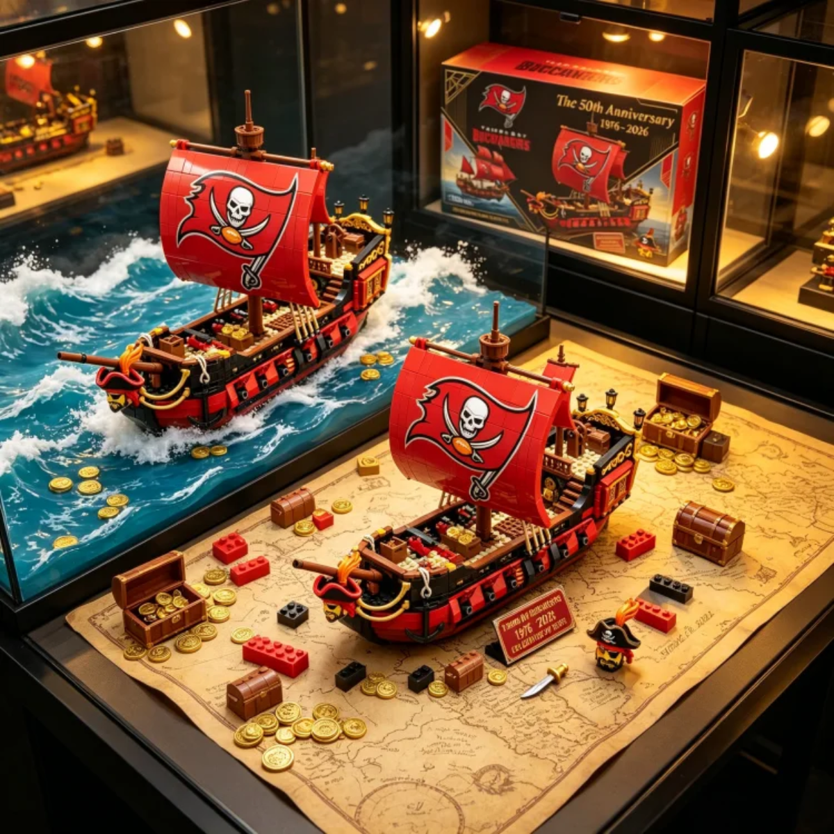 Tampa Bay Buccaneers pirate ship brick model displayed on a vintage nautical map in a collector showcase.