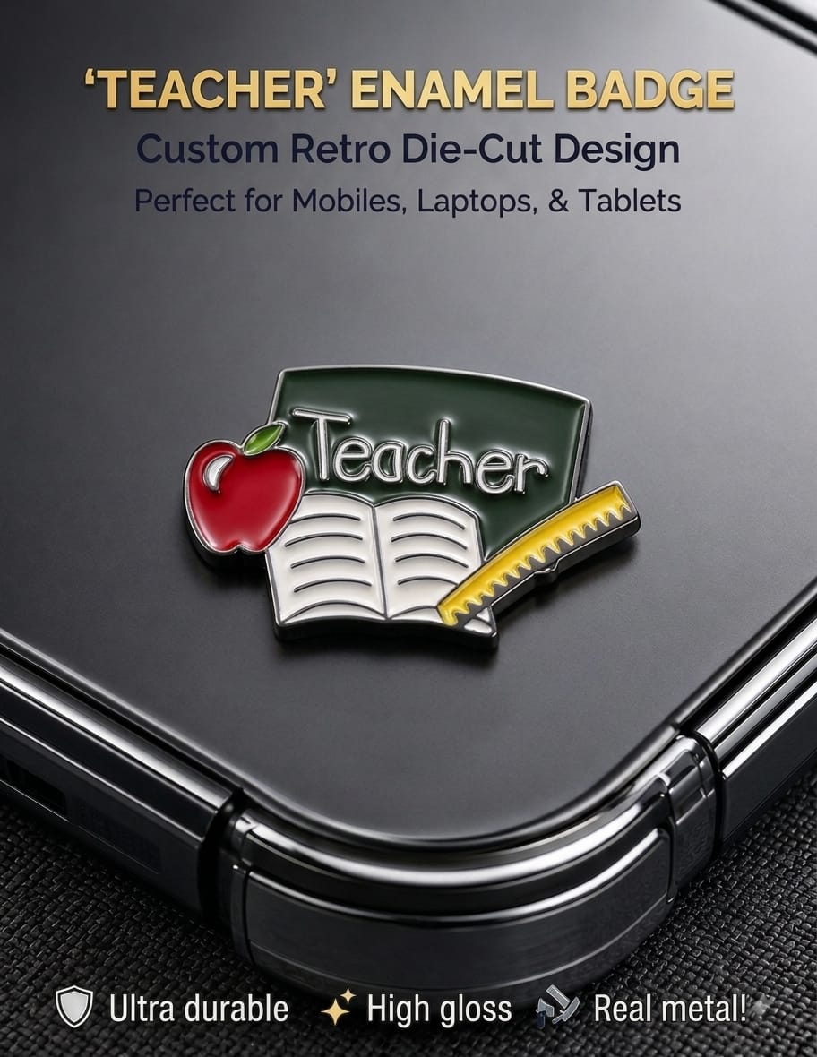 Retro die-cut Teacher metal enamel badge sticker featuring a green chalkboard, red apple, open book, and yellow ruler on a phone case