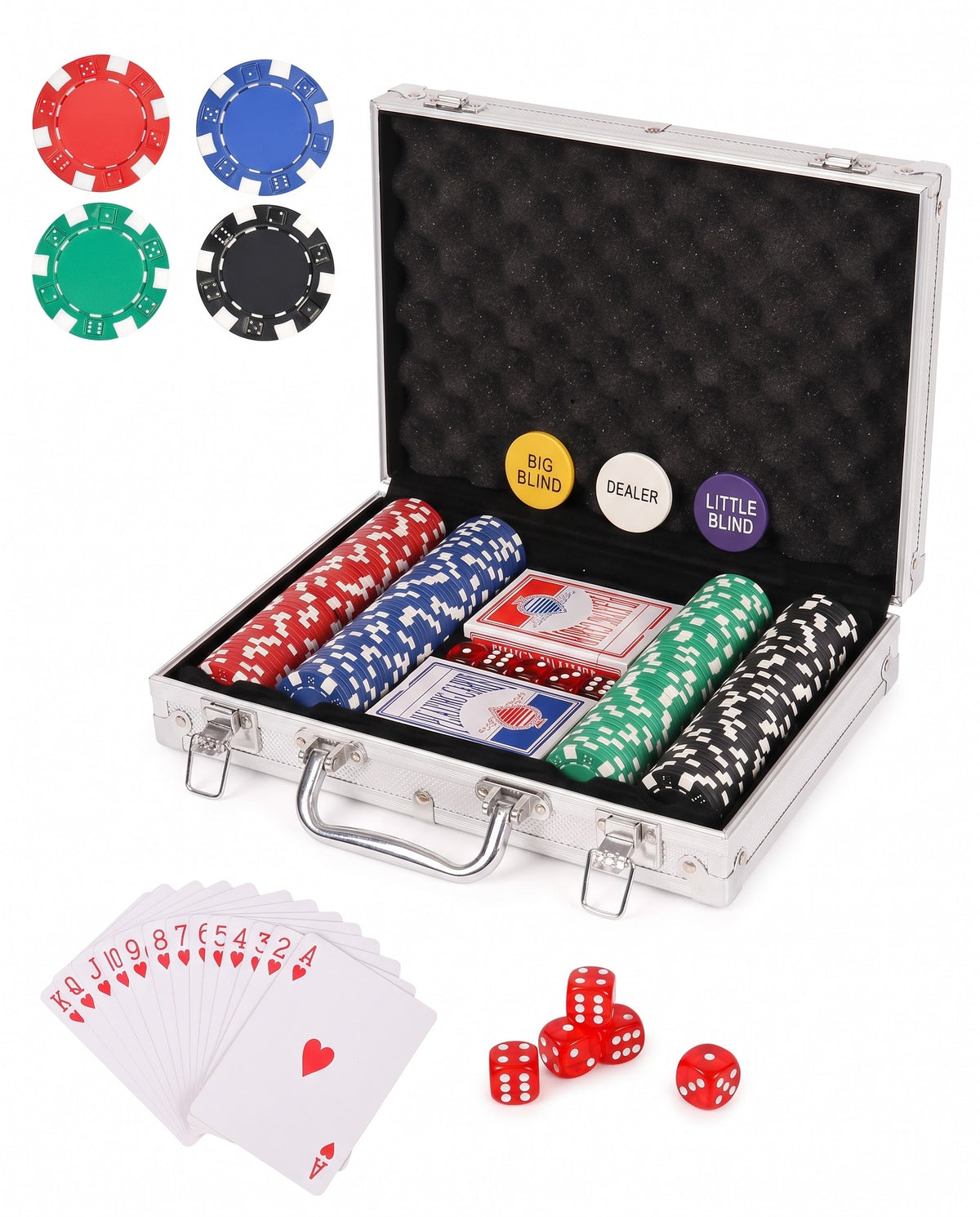 Complete poker set in silver case featuring colored casino chips, two card decks, red transparent dice, and dealer blind tokens.