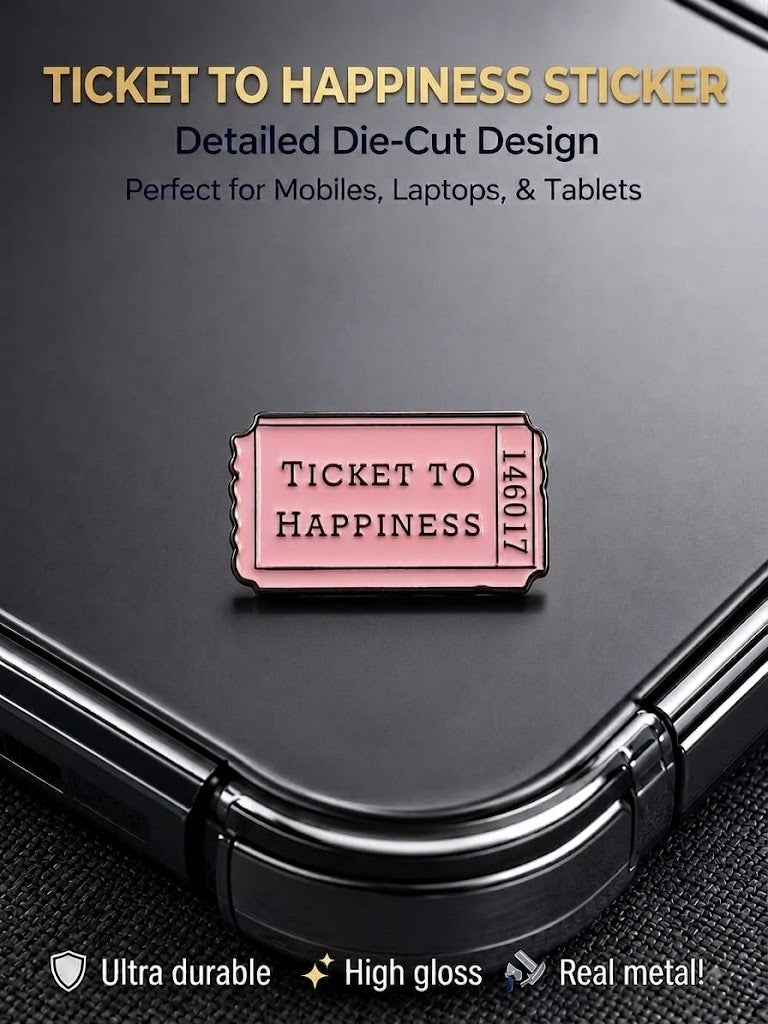 Pink die-cut real metal enamel sticker reading Ticket to Happiness applied on the back of a black smartphone