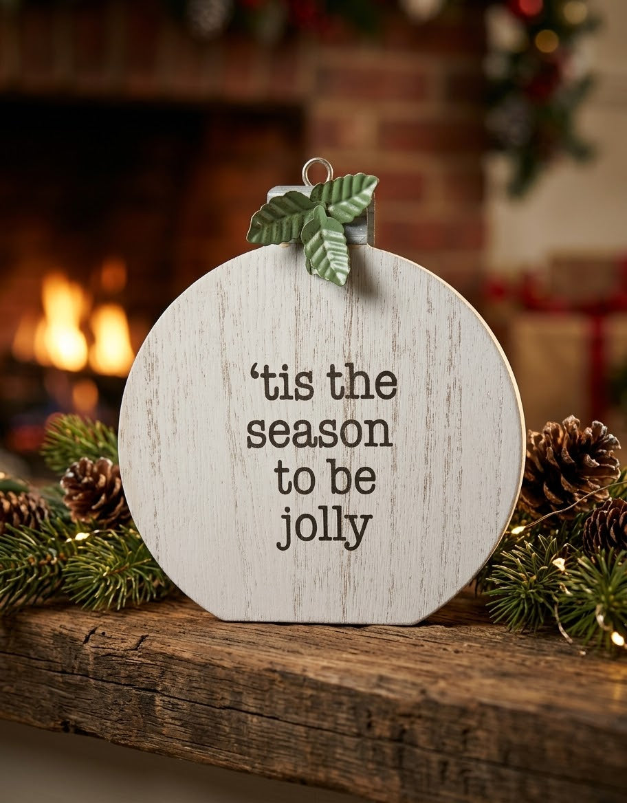 Freestanding distressed white wood ornament plaque reading "'tis the season to be jolly" displayed on a rustic timber fireplace mantel beside evergreen branches and pine cones.