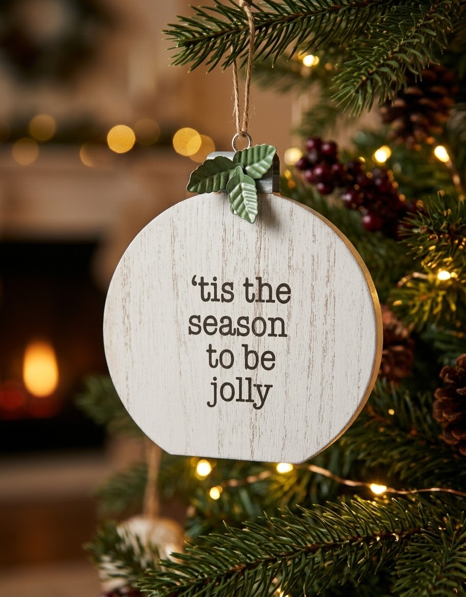 Farmhouse-style whitewashed wooden bauble sign reading "'tis the season to be jolly" suspended by jute twine on an illuminated pine Christmas tree branch with warm bokeh lighting.
