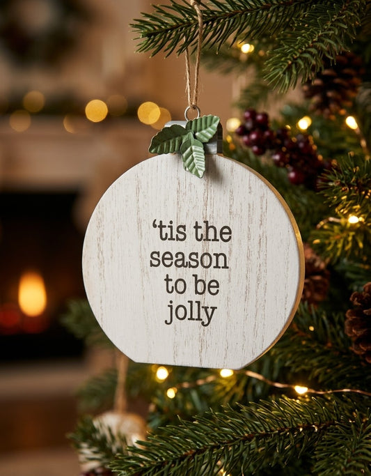 Farmhouse-style whitewashed wooden bauble sign reading "'tis the season to be jolly" suspended by jute twine on an illuminated pine Christmas tree branch with warm bokeh lighting.