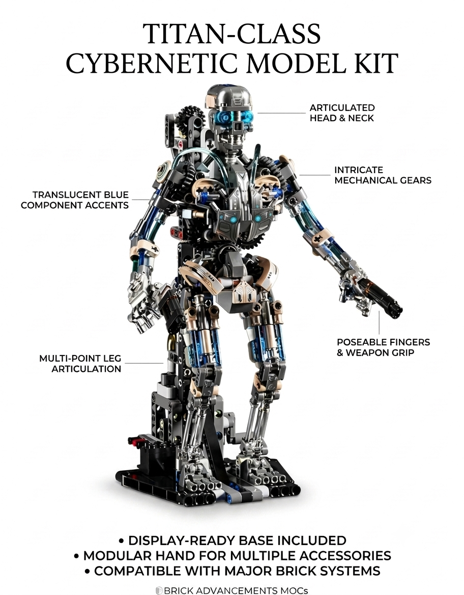 Titan-class cybernetic robot model kit infographic detailing articulated joints, mechanical gears, poseable fingers, and modular display base.
