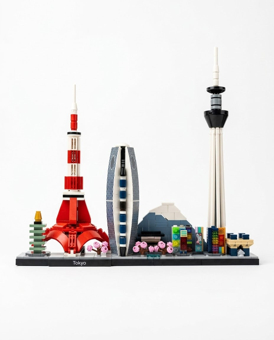 Front view of built Tokyo Japan Architecture 547 pcs skyline model showcasing Tokyo Tower, Mount Fuji, cherry blossoms, and Skytree on a white background