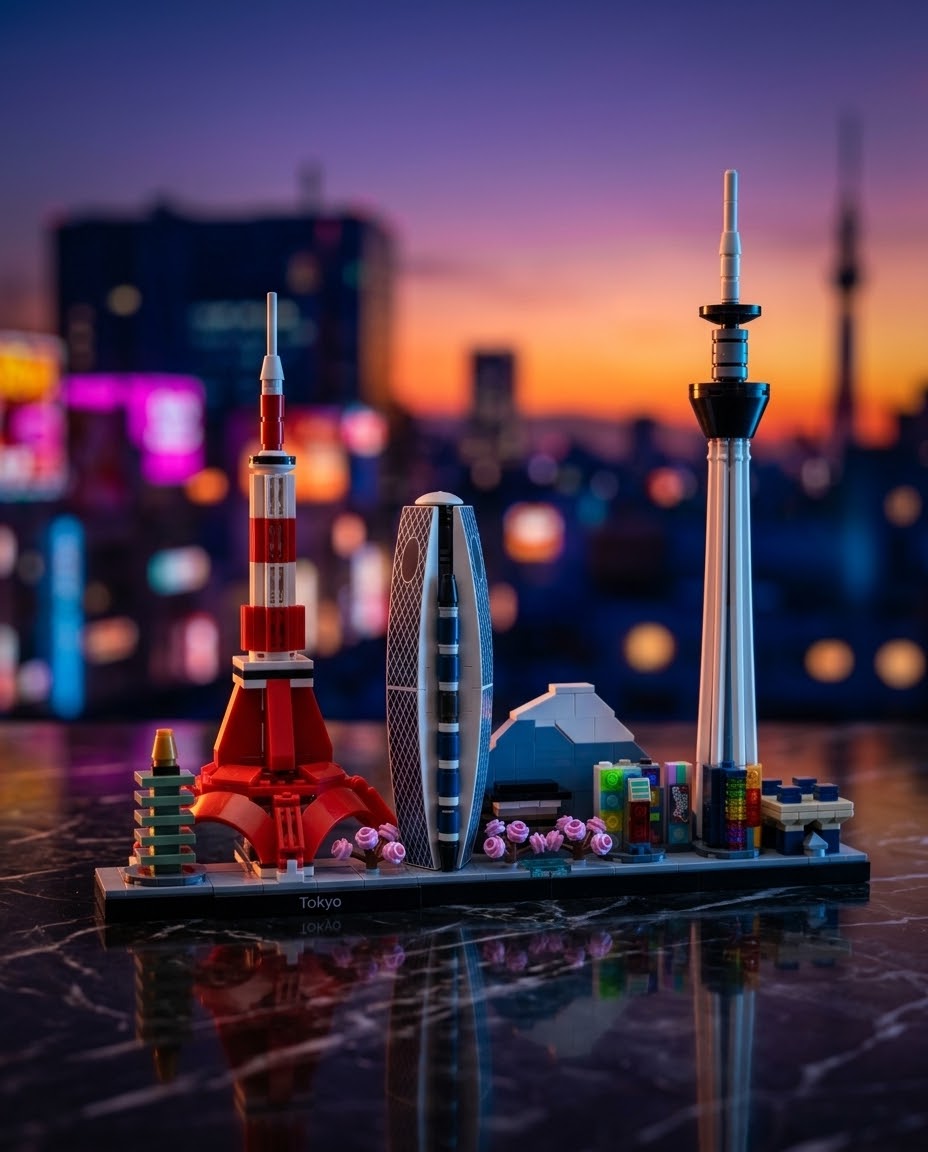 Collectible Tokyo Architecture building block skyline model displayed on a dark marble surface with a sunset city skyline background in Lebanon