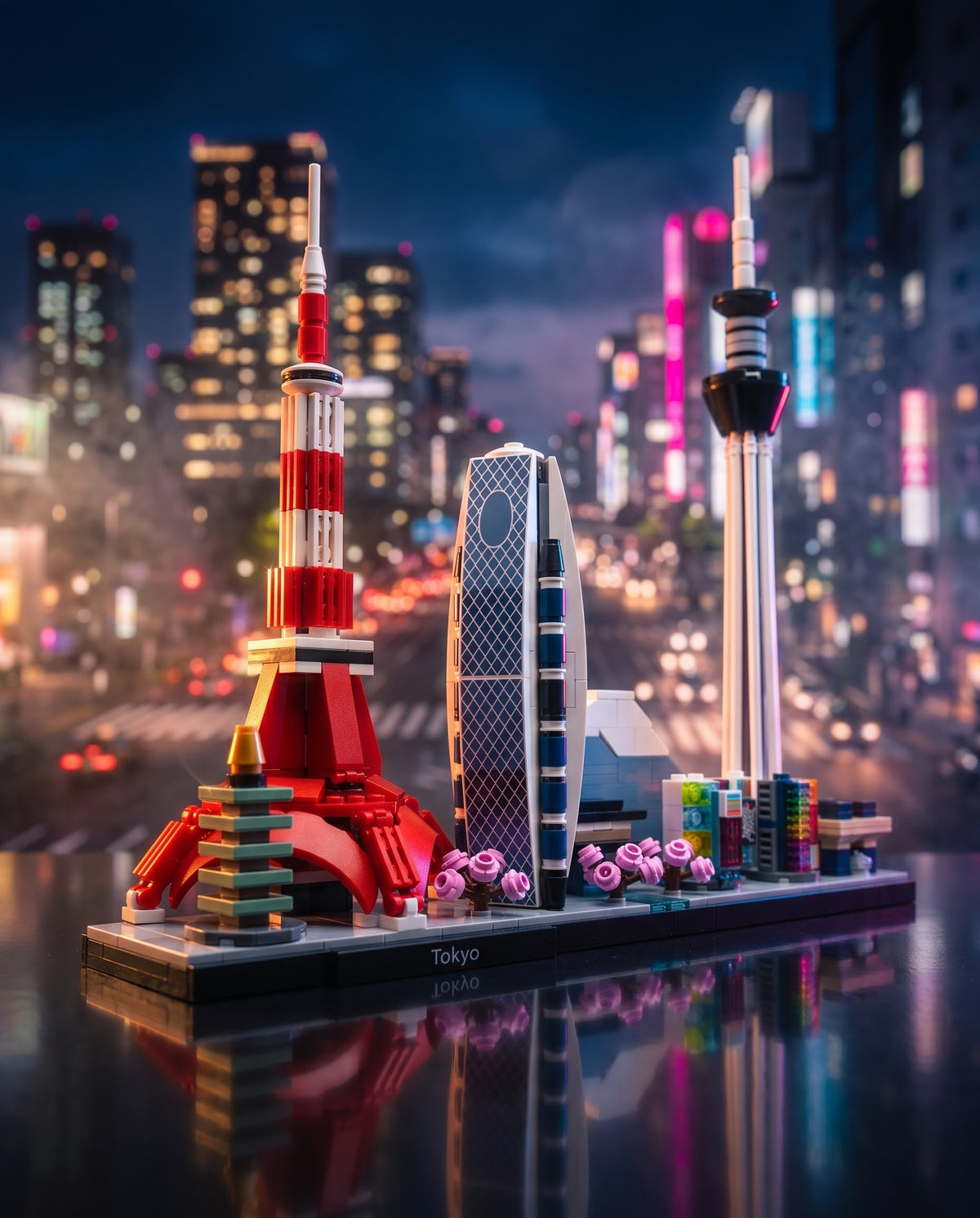 Assembled Tokyo Architecture skyline model with red Tokyo Tower, Cocoon Tower, cherry blossoms, and Tokyo Skytree against a night city backdrop