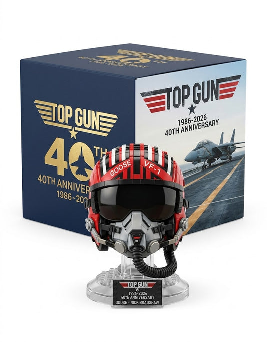 Top Gun 40th Anniversary Goose helmet building set displayed on stand with collector edition packaging box.