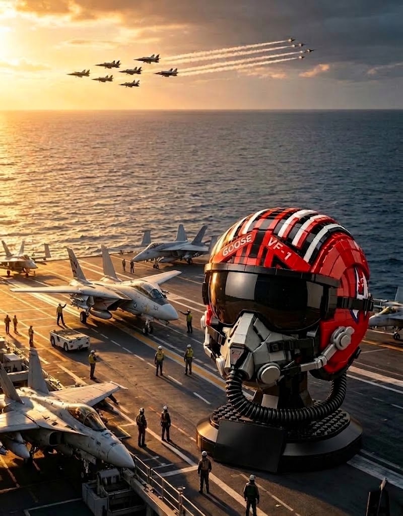 Collector edition Top Gun Goose pilot helmet model on aircraft carrier flight deck with jets taking off at sunset.