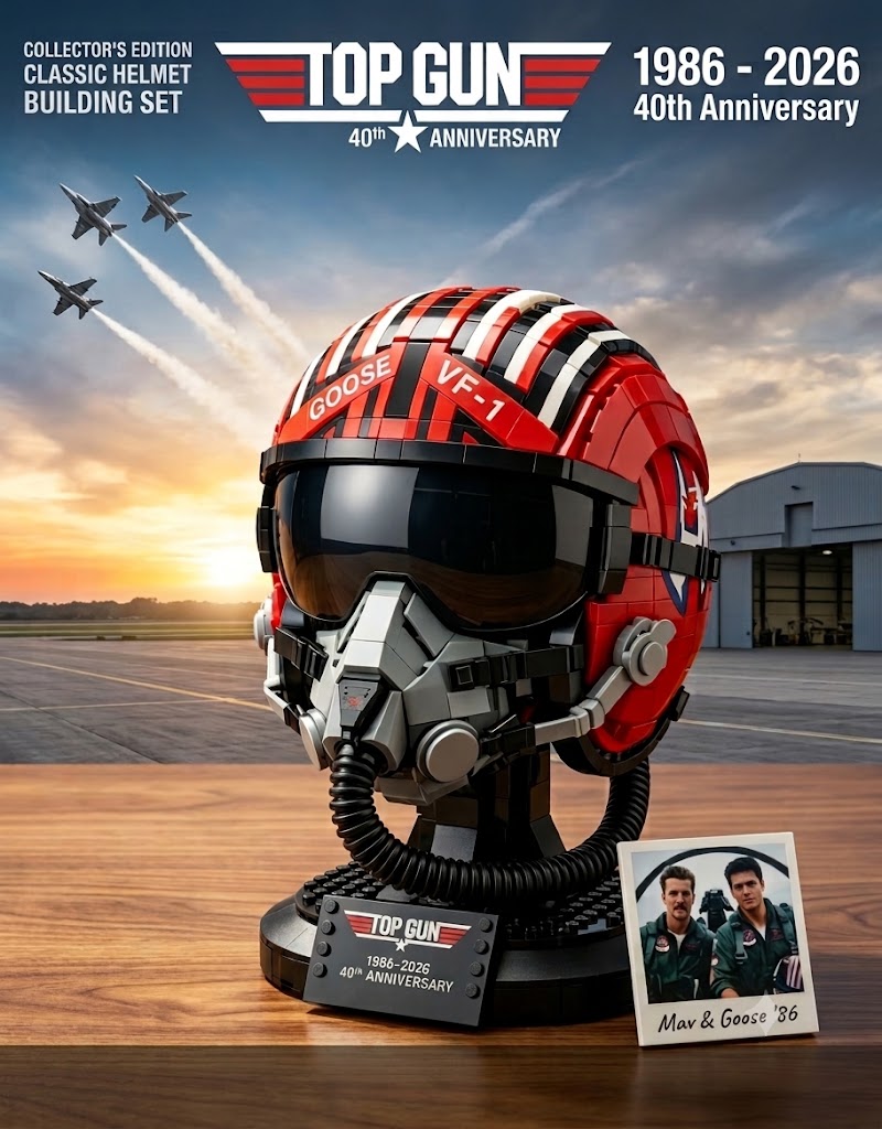 Top Gun 40th Anniversary classic Goose helmet building set model with Maverick and Goose 1986 photo card.