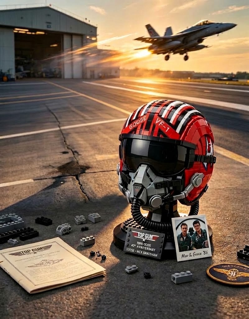 Top Gun Goose brick helmet model displayed on runway tarmac with building instructions manual and patch.