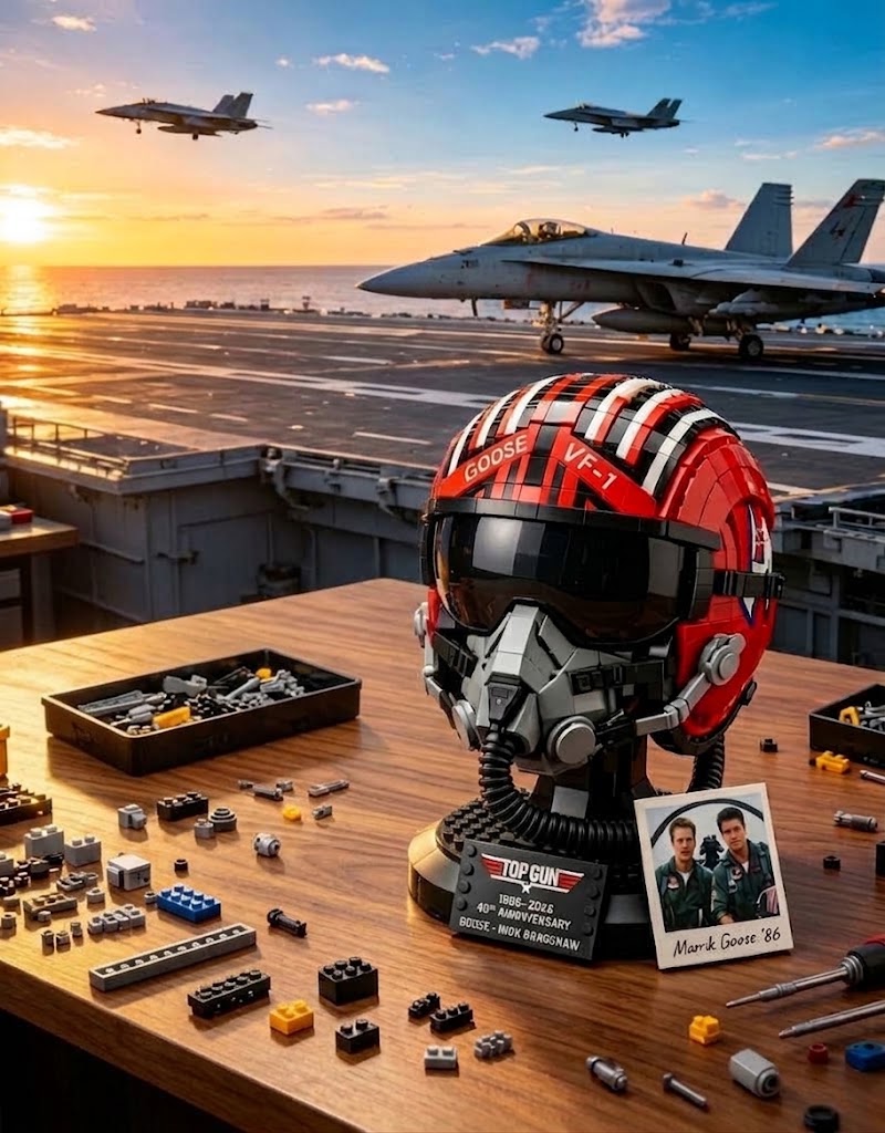 Completed Top Gun Goose flight helmet brick model on workbench with loose pieces and Maverick and Goose photo.