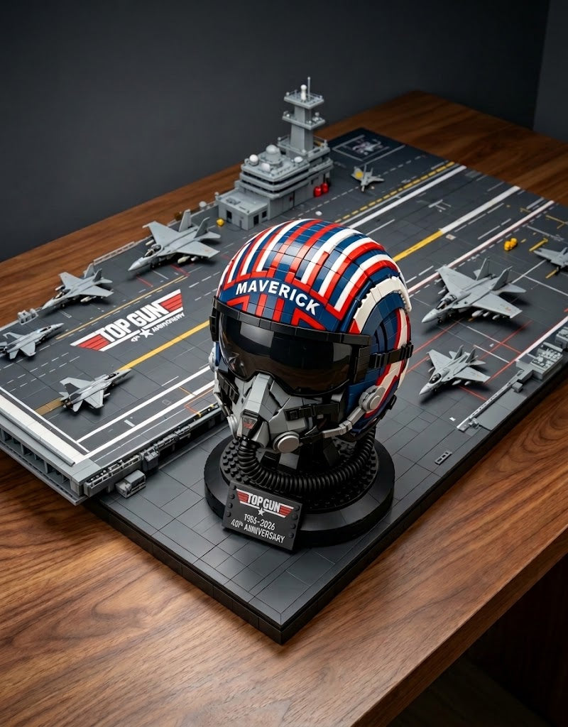 Top Gun Maverick helmet bust displayed on an aircraft carrier flight deck base with miniature fighter jets.