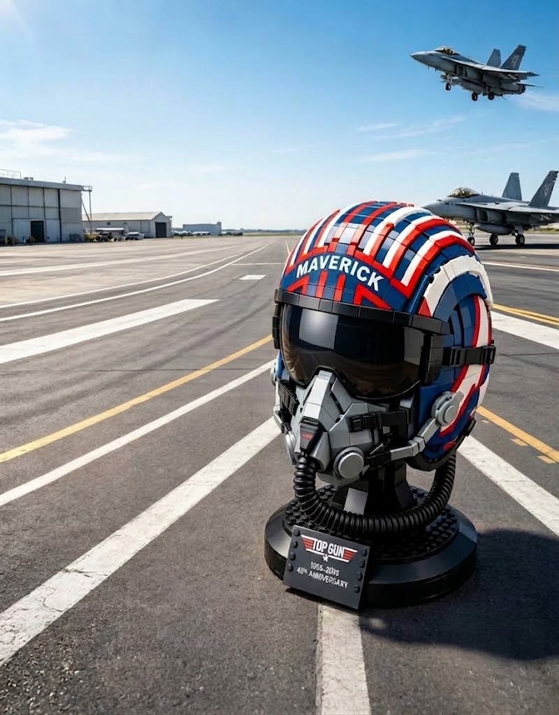 Maverick pilot helmet building block model on an airfield runway with fighter jets in the background.