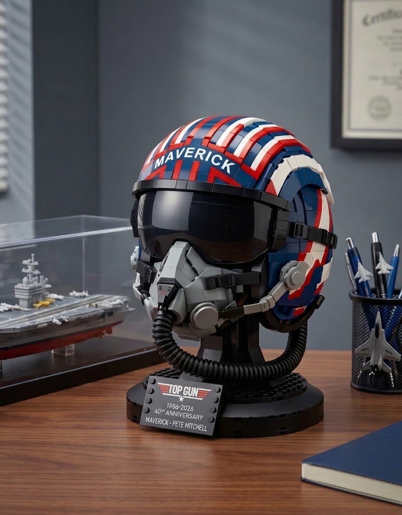 op Gun Maverick Pete Mitchell 40th anniversary helmet bust on a wooden office desk.