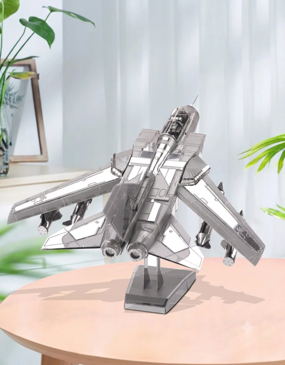 Rear perspective of completed Tornado fighter jet 3D metal puzzle model displayed on a tabletop stand.