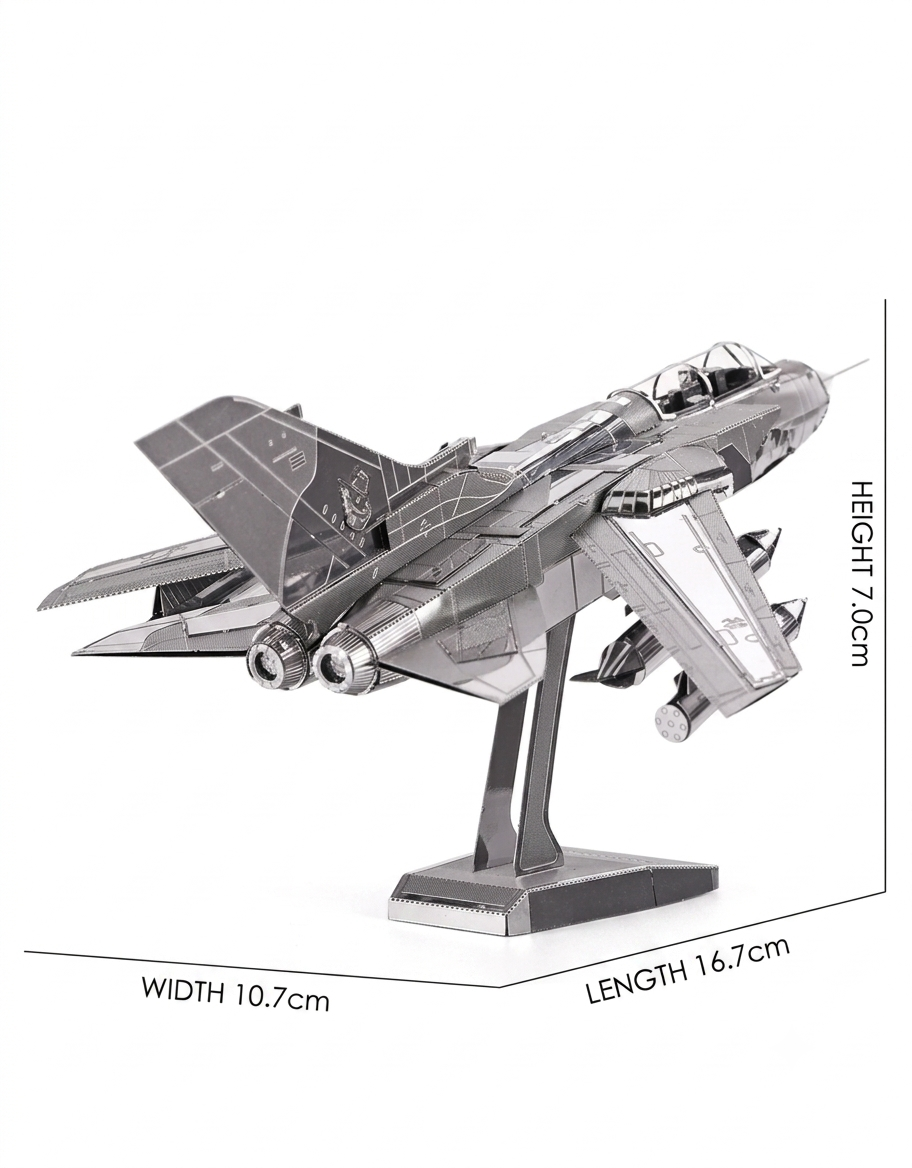 Product dimension specs for assembled Tornado fighter jet metal puzzle measuring 16.7cm long, 10.7cm wide, and 7cm high.